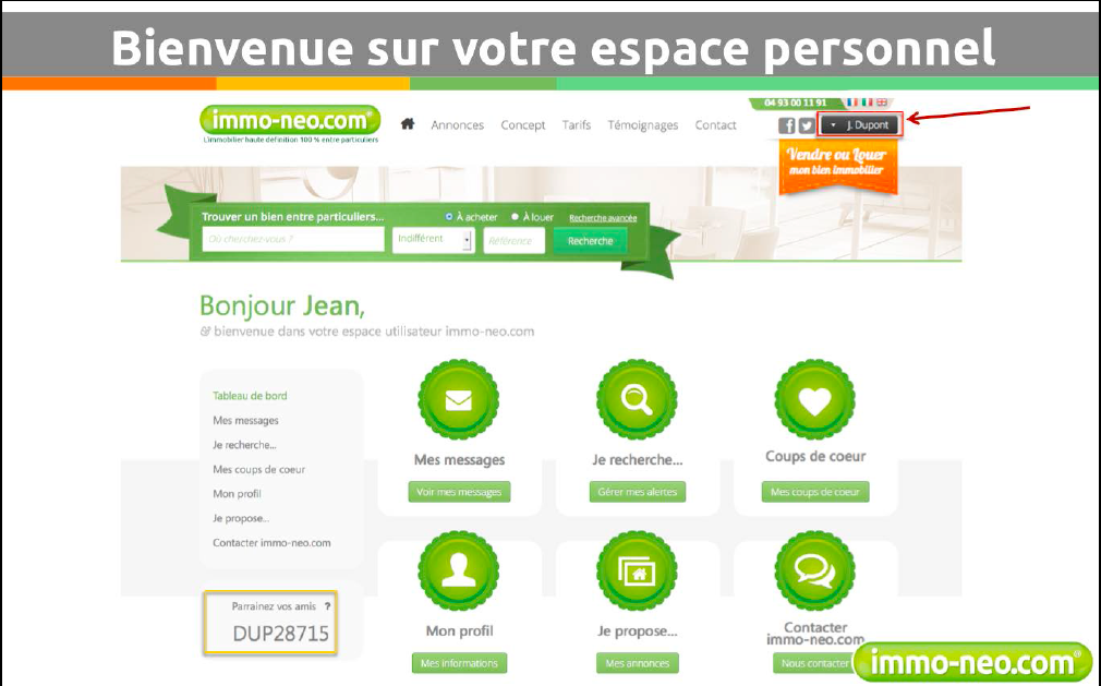 Découvrez les fonctionnalités de votre espace personnel immo-neo.com